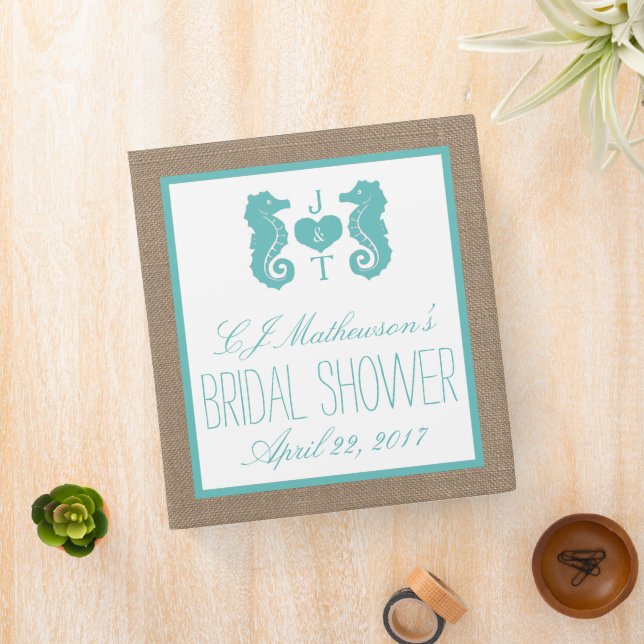 Turquoise Monogram Seahorse Bridal Shower Recipe Binder (In Situ)