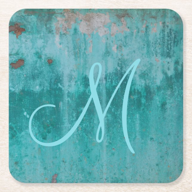 Turquoise Monogram Square Paper Coaster (Front)