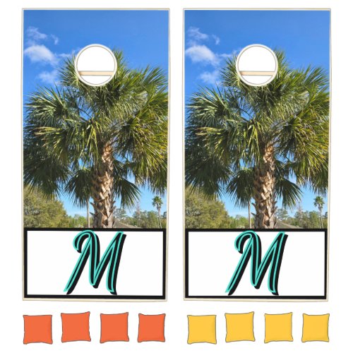 Turquoise Monogram Tropical Palm Trees Cornhole Set