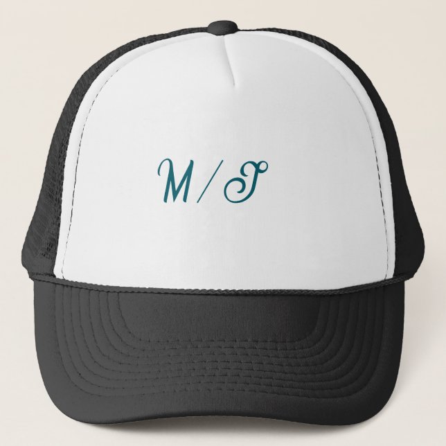 Turquoise monogram wedding couple name simple styl trucker hat (Front)
