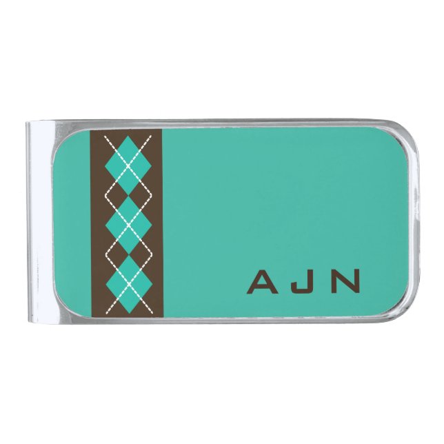 Turquoise Monogrammed Retro Money Clip (Front)