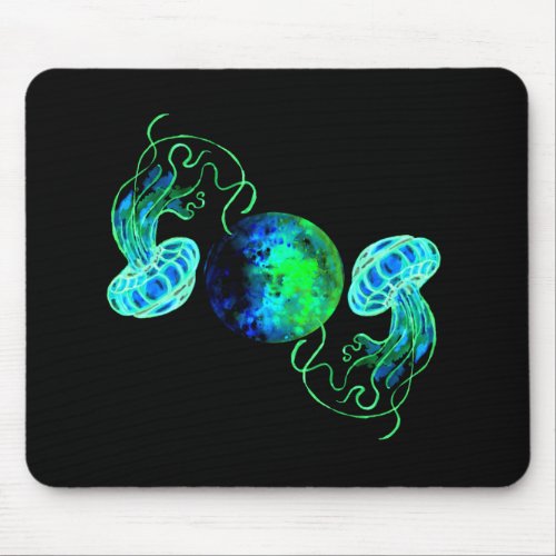Turquoise Moon and Space Jellyfish Mouse Pad