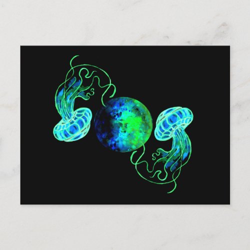 Turquoise Moon and Space Jellyfish Postcard