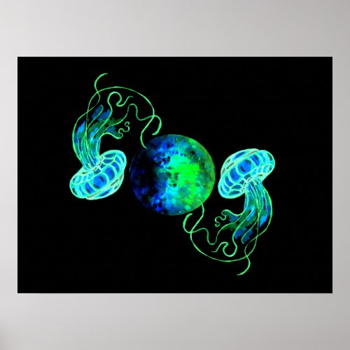 Turquoise Moon and Space Jellyfish Poster