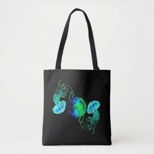 Turquoise Moon and Space Jellyfish Tote Bag