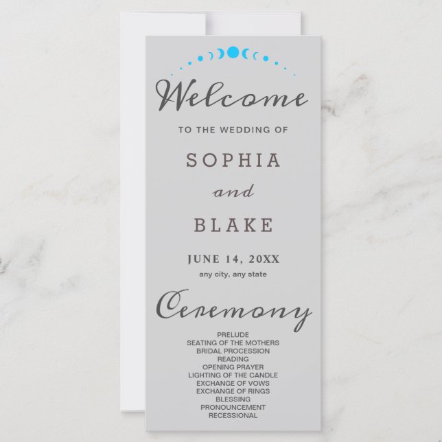 Turquoise Moon Phases Light Gray Wedding Program (Front)