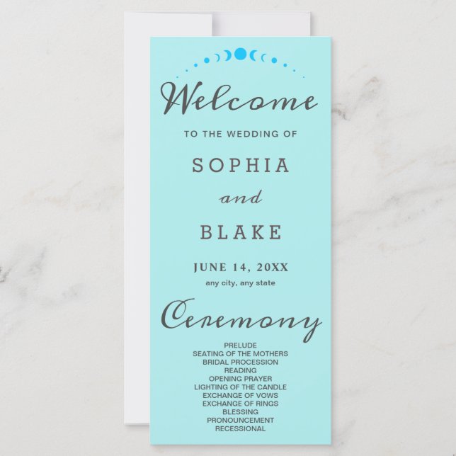 Turquoise Moon Phases Pale Blue Wedding Program (Front)