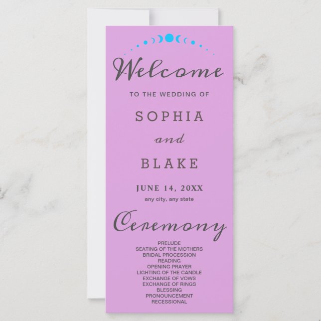 Turquoise Moon Phases Plum Purple Wedding Program (Front)