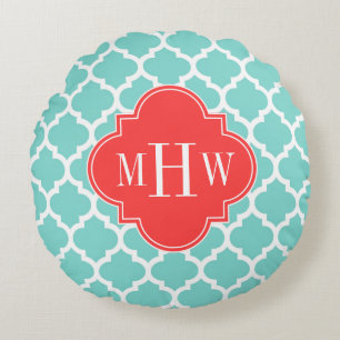 Turquoise Moroccan #5 Coral Red 3 Initial Monogram Round Pillow