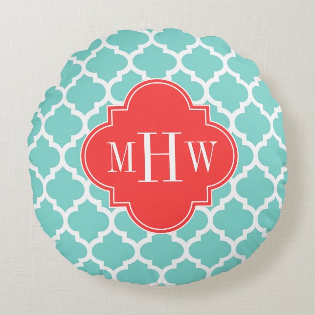 Turquoise Moroccan #5 Coral Red 3 Initial Monogram Round Pillow (Front)