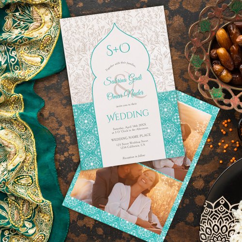 Turquoise Moroccan floral initials 3 photo wedding Invitation