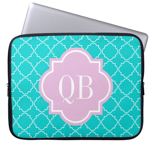 Turquoise moroccan lattice monogram laptop sleeve (Front)