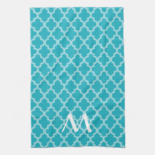 Turquoise Moroccan Moods Quatrefoil with Initial Kitchen Towel