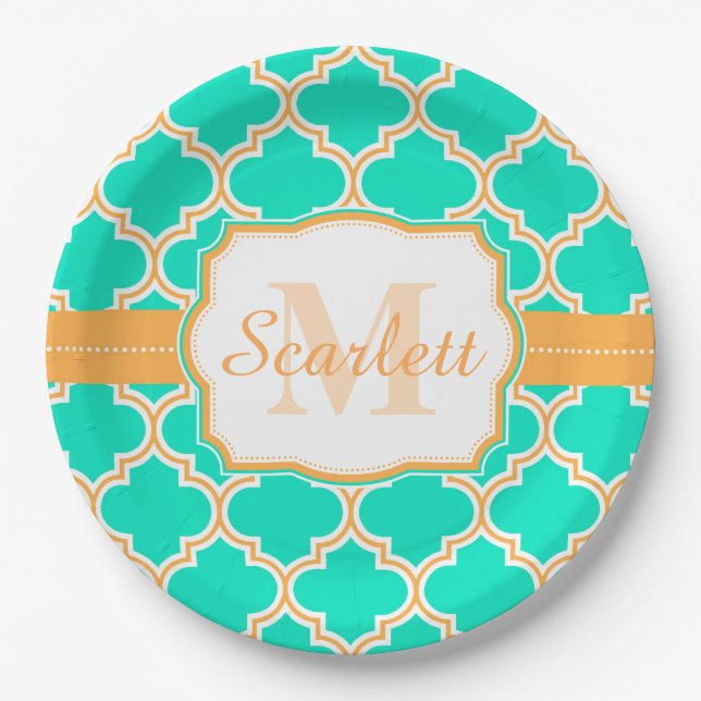 Turquoise Moroccan Quatrefoil Paper Plates (Front)