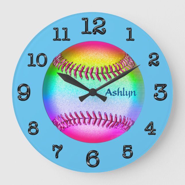 Turquoise Multicolored Softball Clock, YOUR NAME Large Clock (Front)