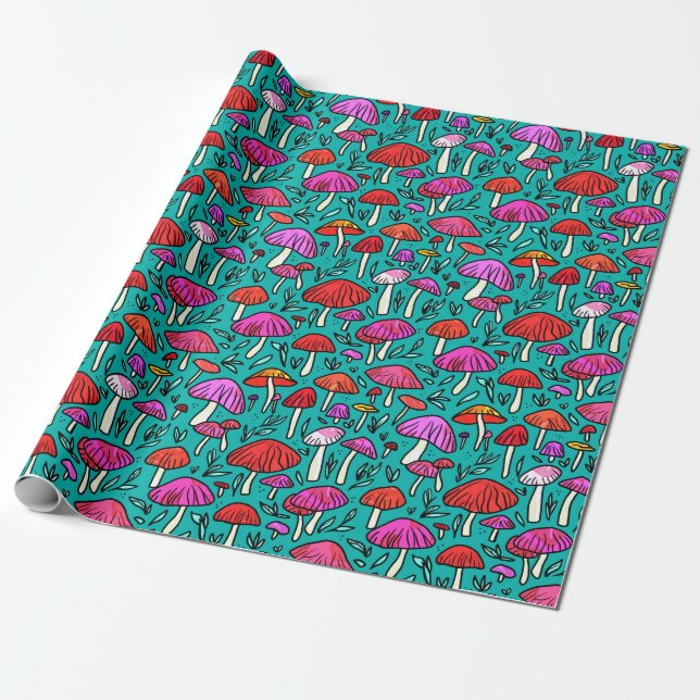 Turquoise Mushroom Pattern Wrapping Paper (Unrolled)