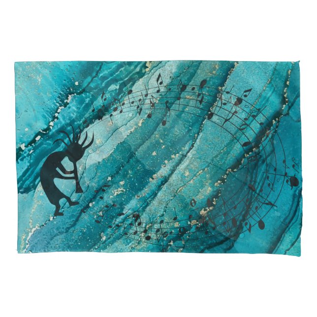 Turquoise Music Notes Kokopelli  Pillow Case (Front)