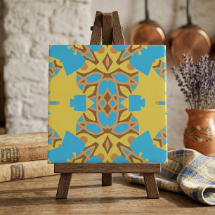 Turquoise Mustard Yellow Abstract Boho Pattern Ceramic Tile