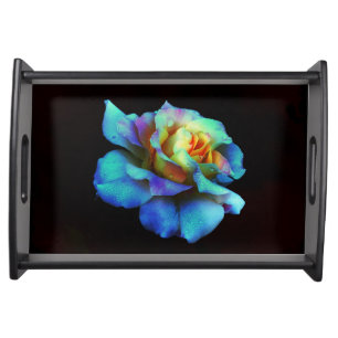 Turquoise N Gold Rainbow Rose Serving Tray -Blk
