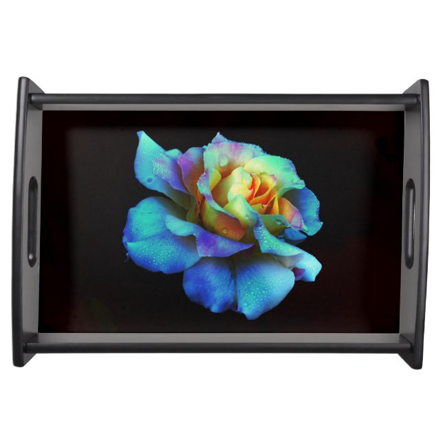 Turquoise N Gold Rainbow Rose Serving Tray -Blk (Front)