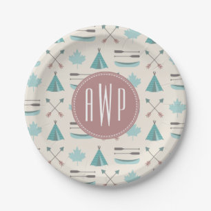 Turquoise Native Tipi Monogram Pattern Paper Plates