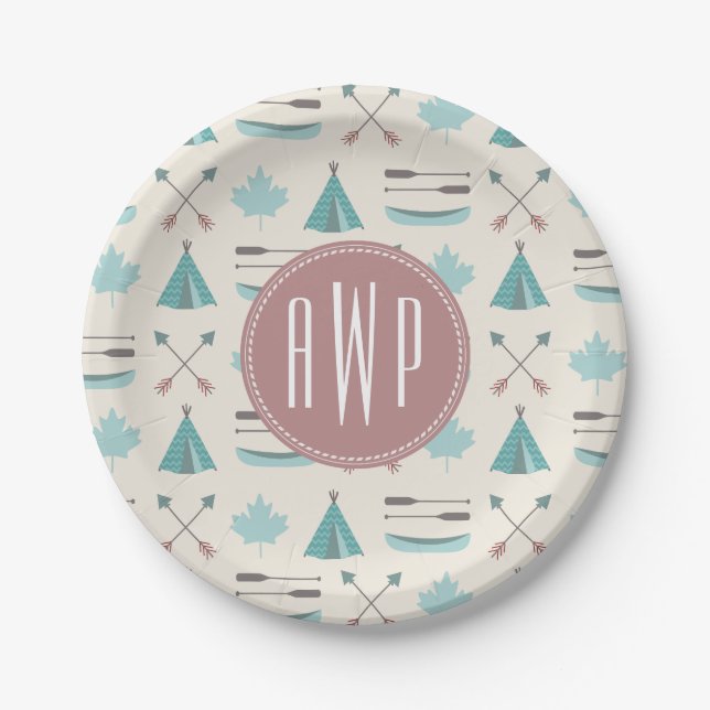 Turquoise Native Tipi Monogram Pattern Paper Plates (Front)