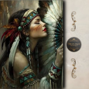 Turquoise Native Woman Fan Decoupage Tissue Paper