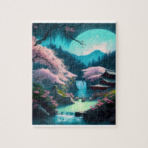 Turquoise Nature With Gazebo And Waterfall Jigsaw Puzzle