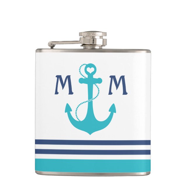Turquoise Nautical Heart Anchor Flask (Front)
