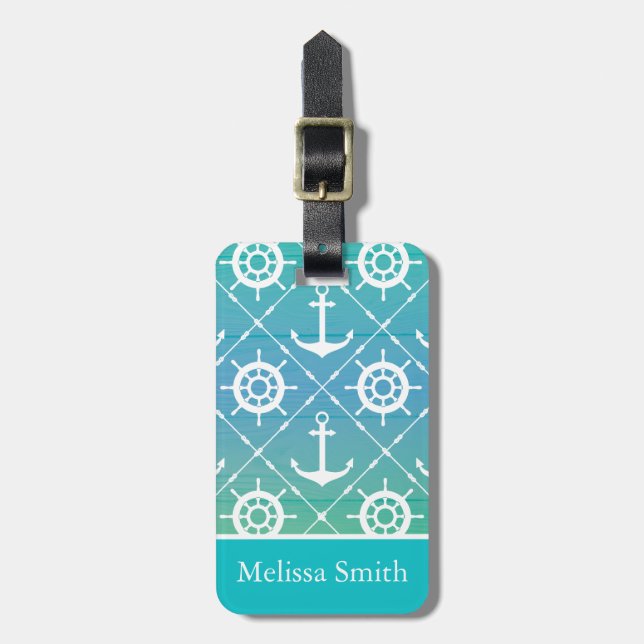 Turquoise Nautical Monogram Luggage Tag (Front Vertical)