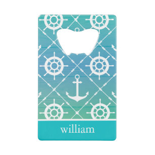 Turquoise Nautical Pattern monogram design Credit Card Bottle Opener