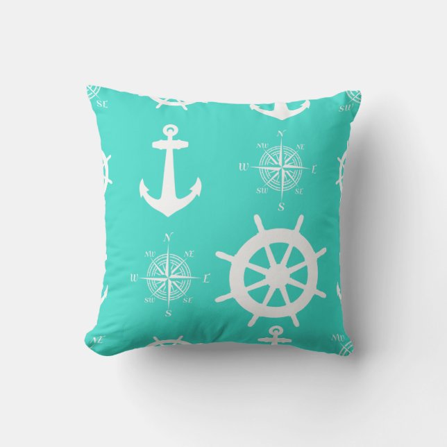 Turquoise Nautical Pattern Throw Pillow (Front)