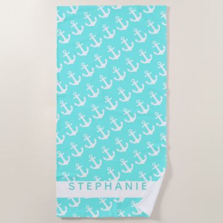 Turquoise Nautical Personalized Name White Anchor Beach Towel