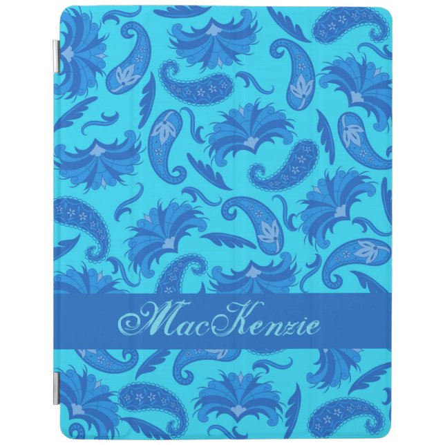 Turquoise, Navy and Blue Paisley Name Personalized iPad Smart Cover (Front)