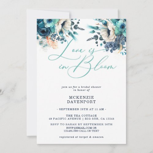 Turquoise Navy Blue Floral Bridal Shower Invitation