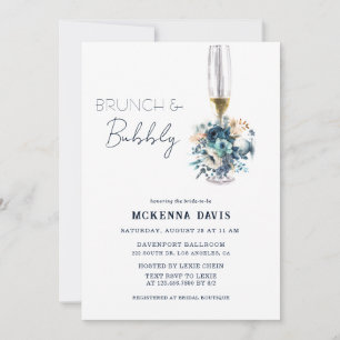 Turquoise Navy Blue Floral Brunch and Bubbly Invitation