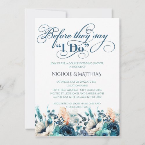 Turquoise Navy Blue Floral Couples Wedding Shower Invitation