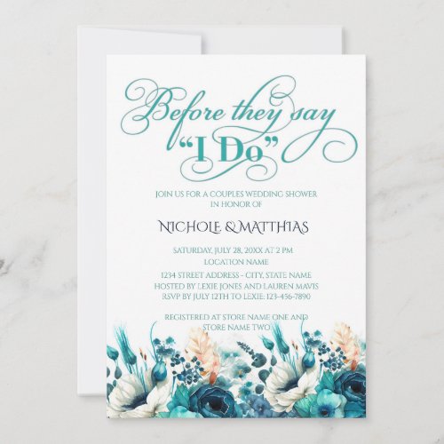 Turquoise Navy Blue Floral Couples Wedding Shower Invitation