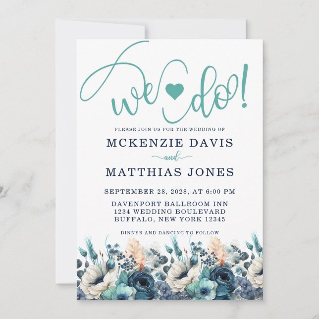 Turquoise Navy Blue Floral Heart We Do Wedding Invitation (Front)