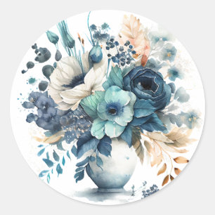 Turquoise Navy Blue Floral Wedding Classic Round Sticker