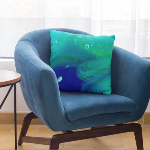 Turquoise Navy Blue Fluid Art Swirls Marbling Throw Pillow