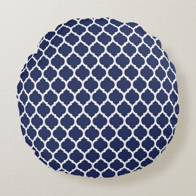 Turquoise Navy Blue Moroccan Quatrefoil Pattern Round Pillow (Front)