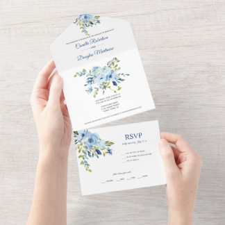 Turquoise & Navy Blue Watercolor Floral |  All In One Invitation