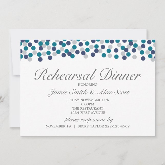 Turquoise Navy Gray Polka Dot Rehearsal Dinner Invitation (Front)