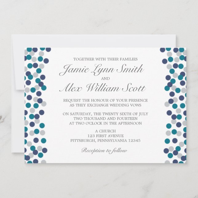 Turquoise Navy Gray Polka Dot Wedding Invitation (Front)