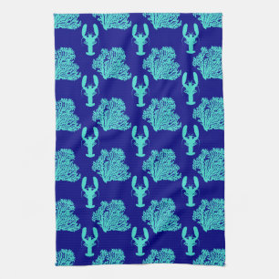 Turquoise Navy Lobster Coastal Pattern Kitchen Towel