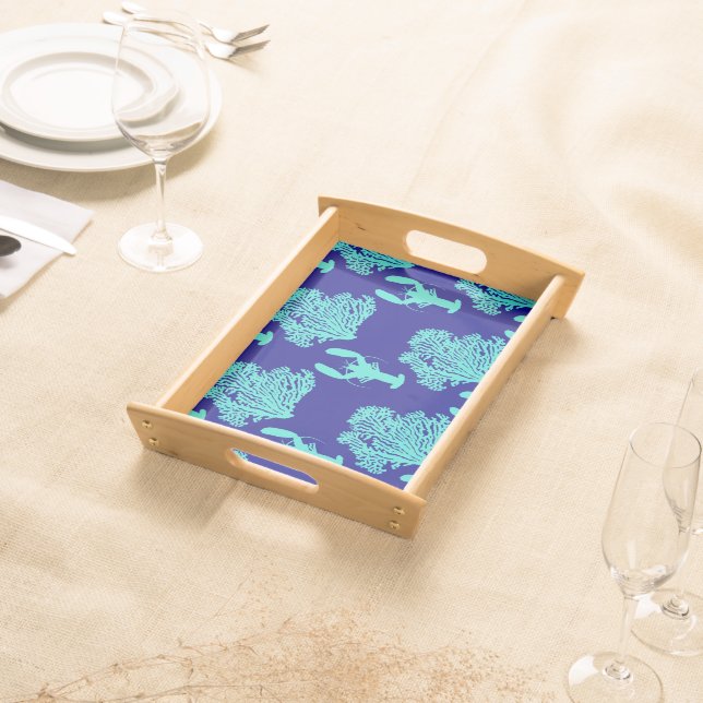 Turquoise Navy Lobster Coastal Pattern Serving Tray (Front)