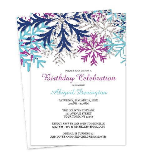 Turquoise Navy Orchid Snowflakes Birthday Invitation