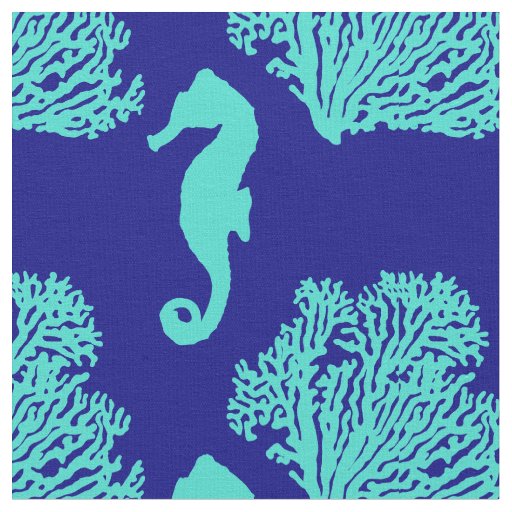 Turquoise Navy Seahorse Coastal Pattern Fabric