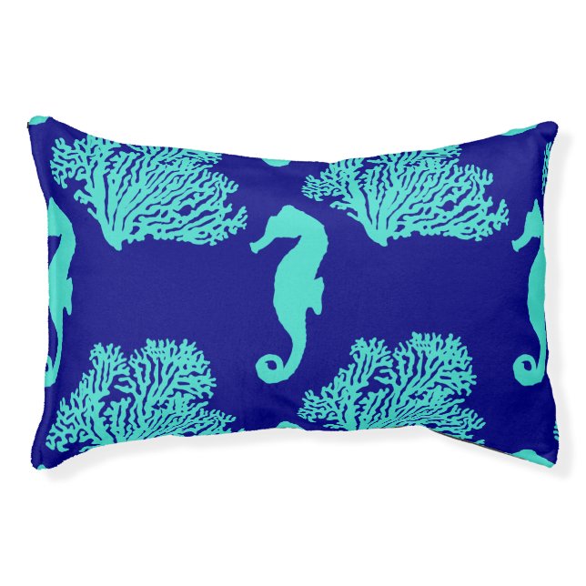 Turquoise Navy Seahorse Coastal Pattern Pet Bed (Front)